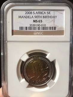 2008 S.AFRICA R5 COIN 90TH B/DAY AU58